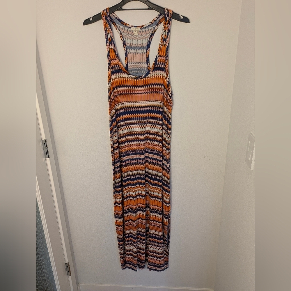 J. Crew Maxi Dress Size M Orange Blue Ivory Geometric Side Slit EUC Bodycon